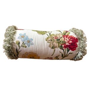 Rose Tree Floral Botanical Bolster Pillow 17" Fringe Trim Cottage Garden VTG